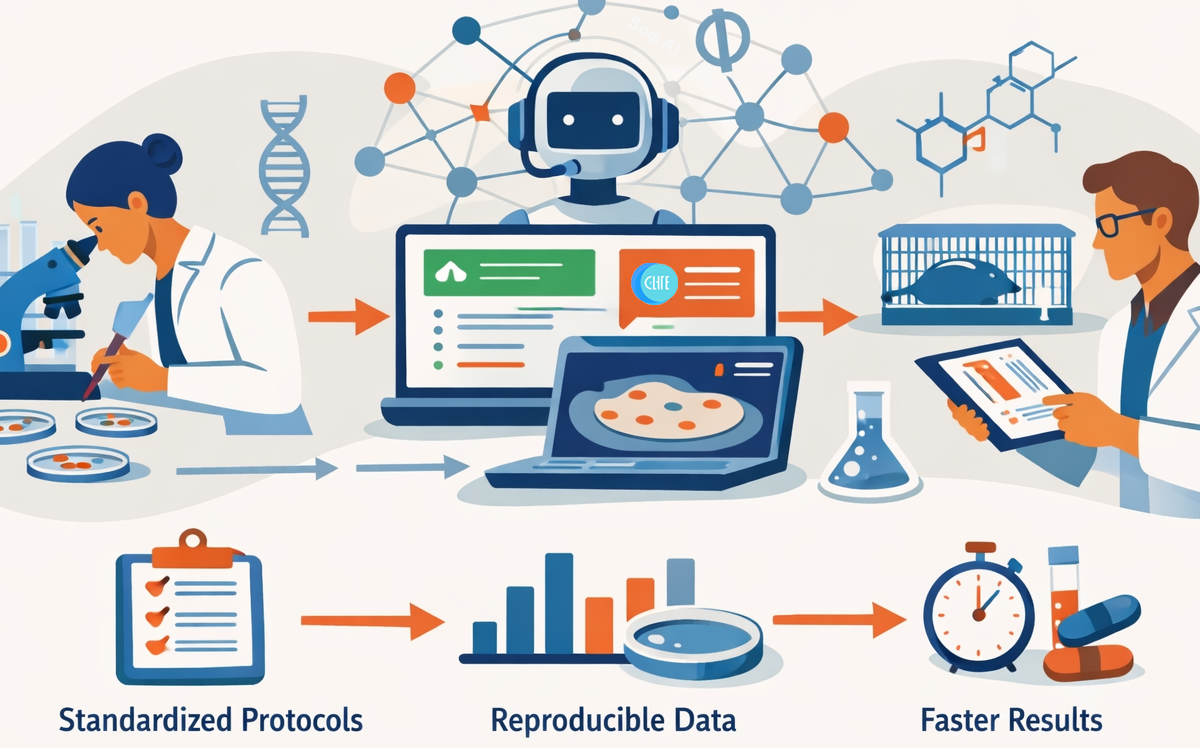 Infographic of AI Agents in a biotech lab.