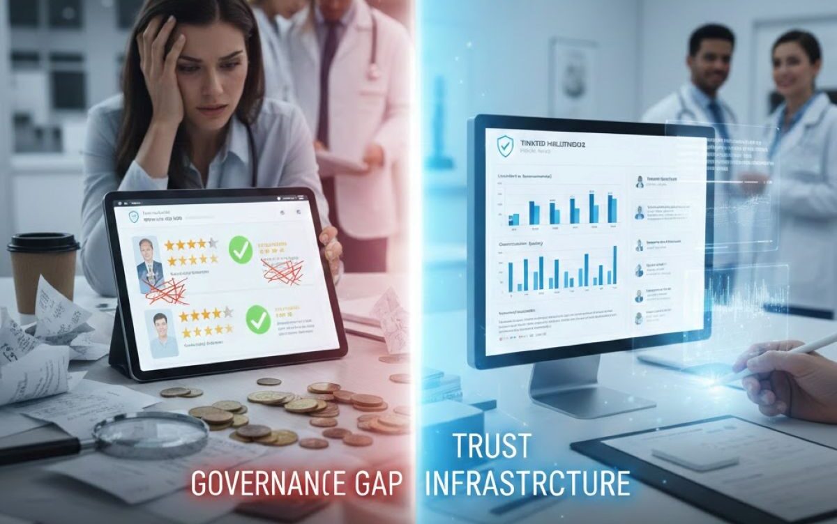 Austrailian Helathcare Concept graphic illustrating governance gap versus trust infrastructure in Australian healthcare reviews.