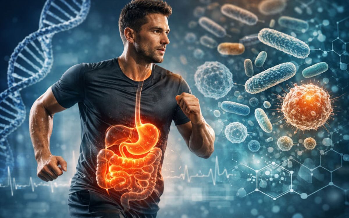 Endurance athlete under physiological stress affecting gut microbiome performance.