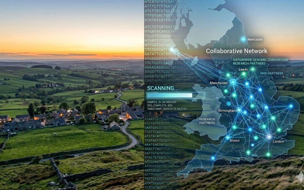 Split-screen image of England’s landscape and digital genomic network representing the Rare Diseases Action Plan 2026.