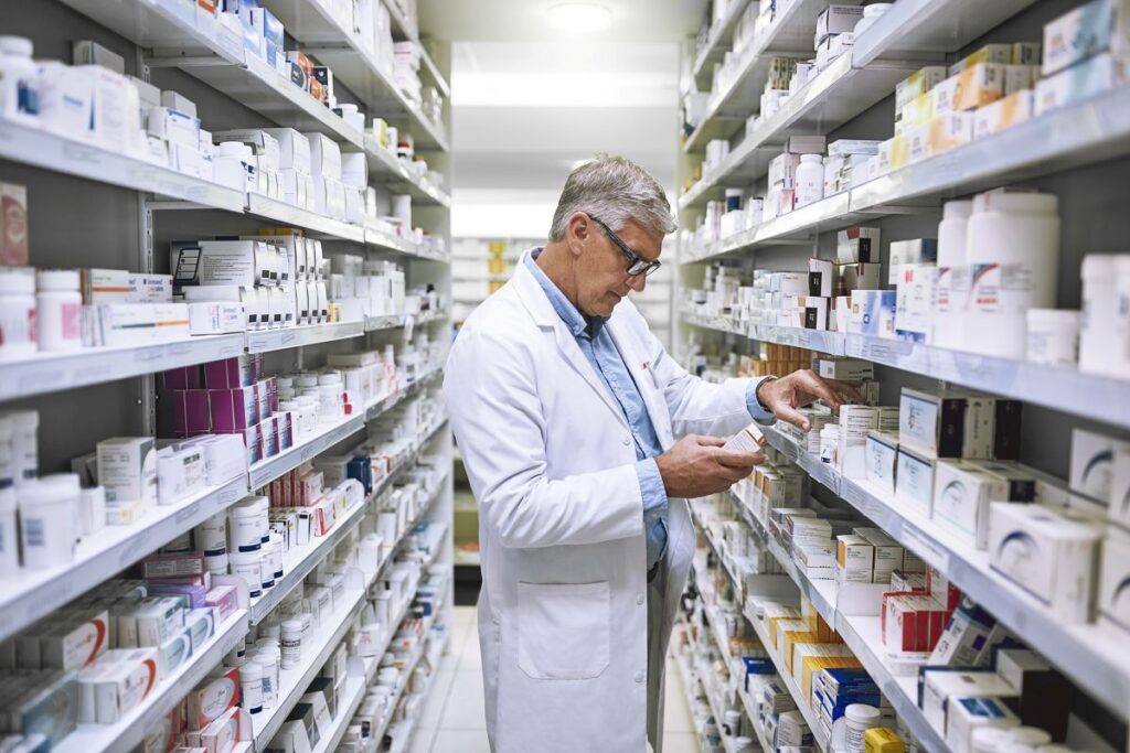 Pharmacist reviewing prescription medications in a pharmacy setting.