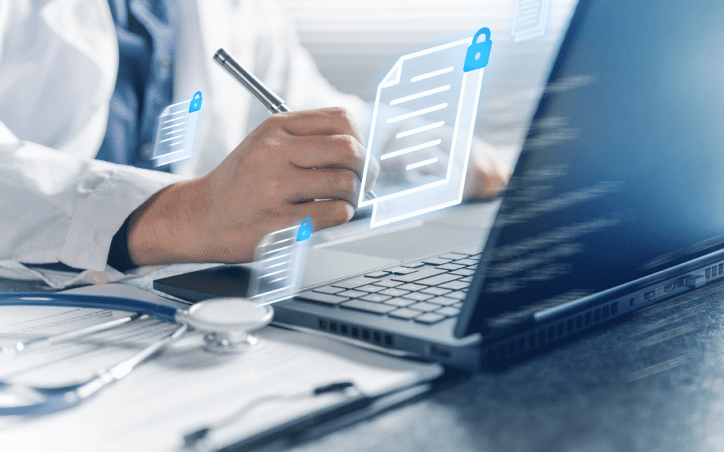 AI-assisted medical writing shown as scientist reviewing regulatory documents with digital data security