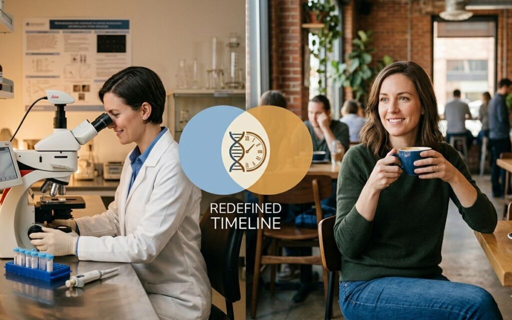Redefining the fertility timeline — split screen of modern lab setting and thoughtful woman representing lived experience and reproductive health agency.