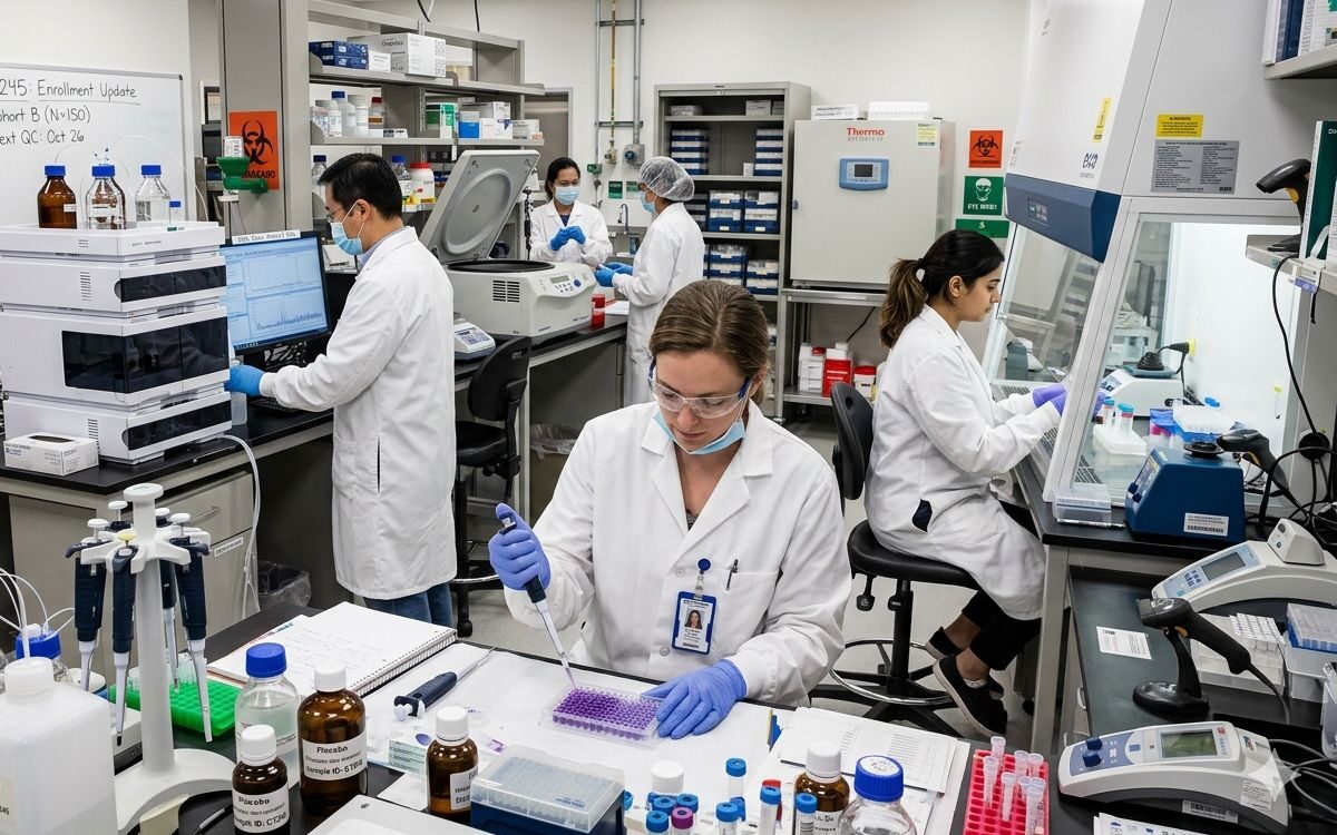 Scientists in a clinical trial laboratory — physician shortage impacts research staffing