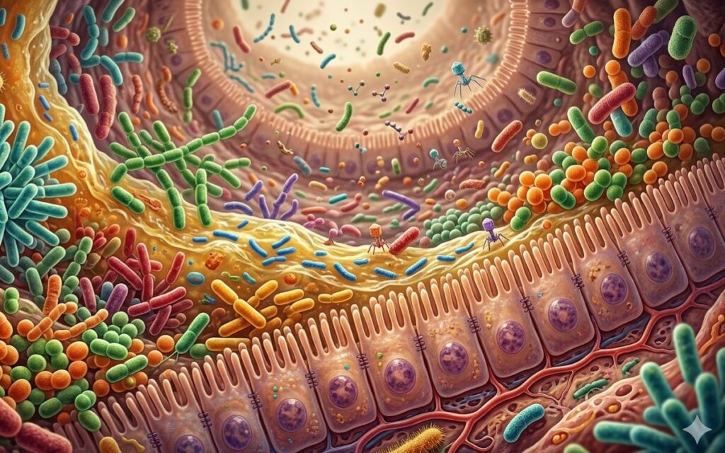 Gut microbiome illustration showing microbial communities and patient care research