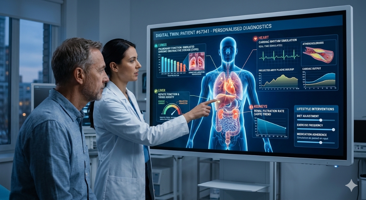 Doctors looking at an image of digital twins