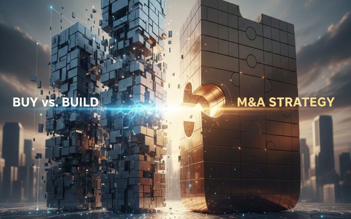 Abstract geometric puzzle pieces merging to represent European life sciences companies using M&A and strategic partnerships for US market expansion and cross-border deal advisory.