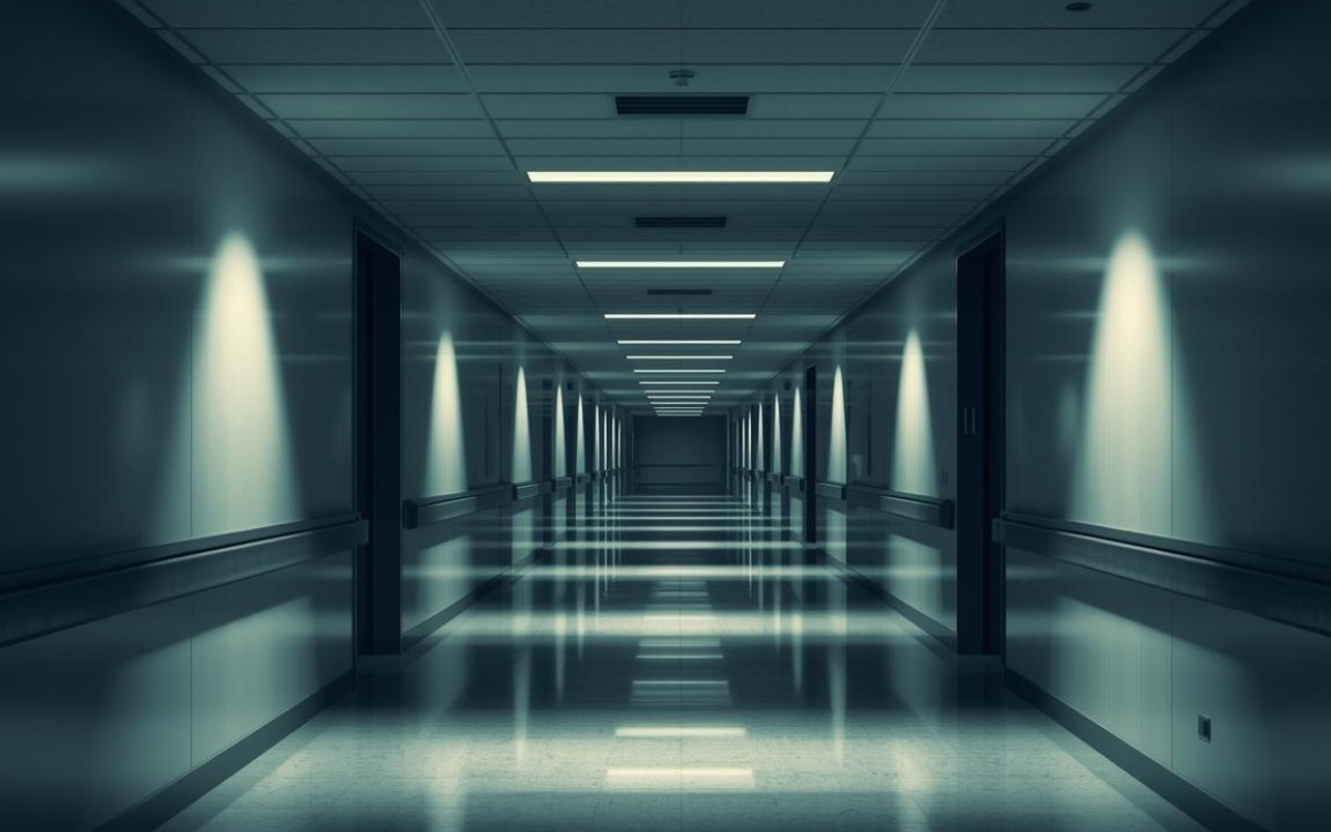 Hospital corridor during a power outage in healthcare facility.