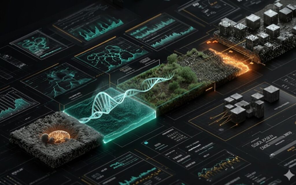 Longevity science concept showing a glowing DNA helix surrounded by biotech data dashboards and 3D tissue models.