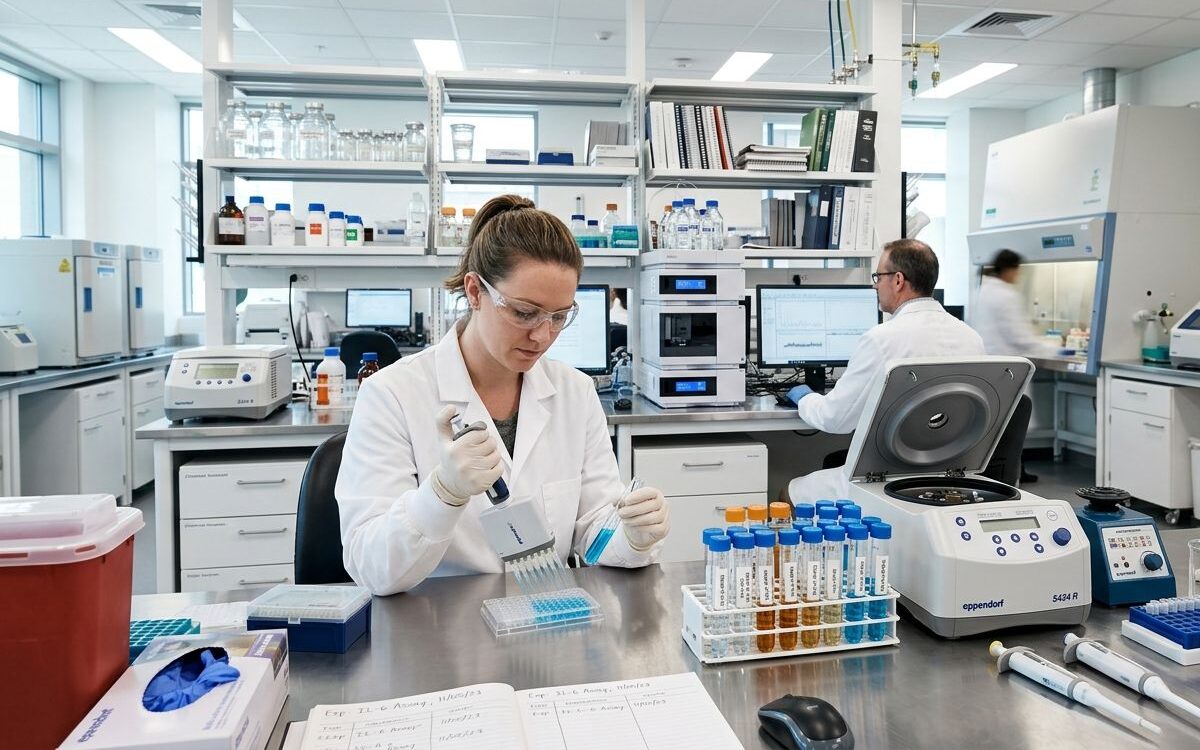 supplement clinical trials researcher pipetting samples in a clinical laboratory.
