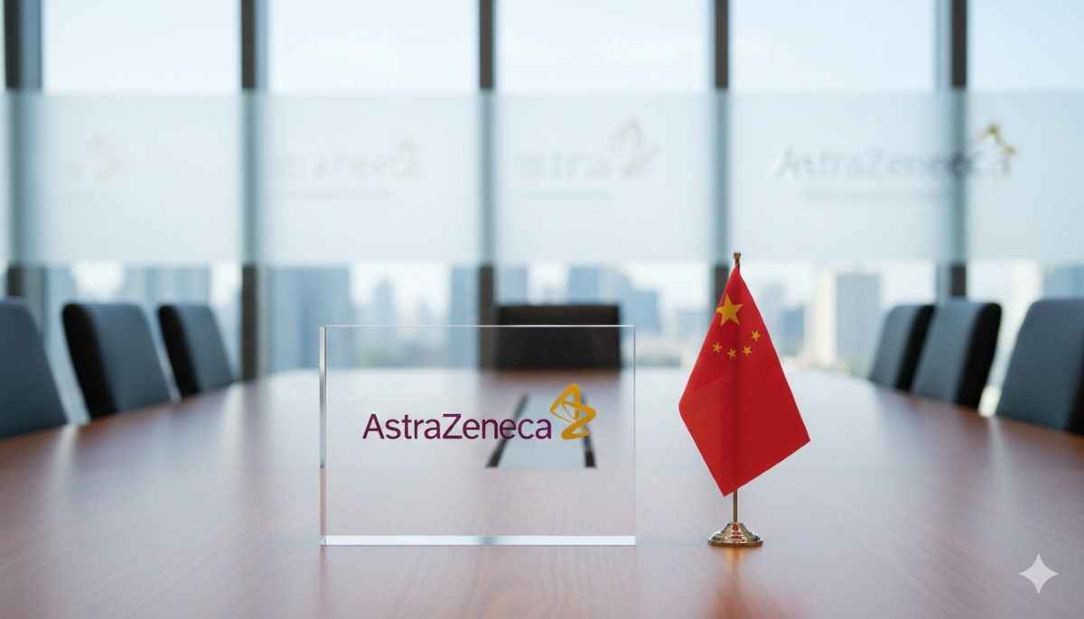 AstraZeneca CSPC obesity deal — boardroom with AstraZeneca logo and Chinese flag.