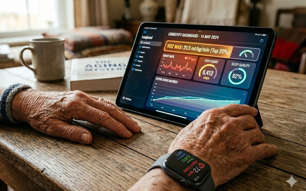 longevity biotech health dashboard tablet smartwatch elderly biometric monitoring