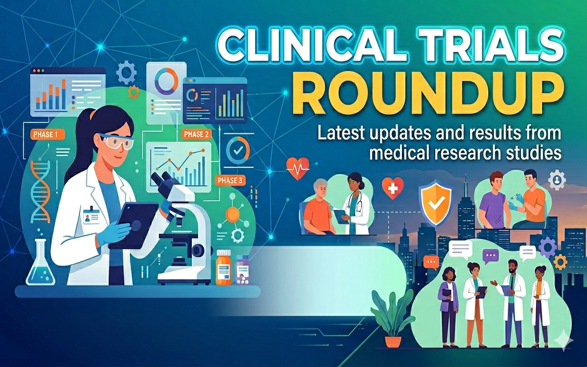 clinical trial results 1 May 2026 banner showing researcher with microscope and medical team