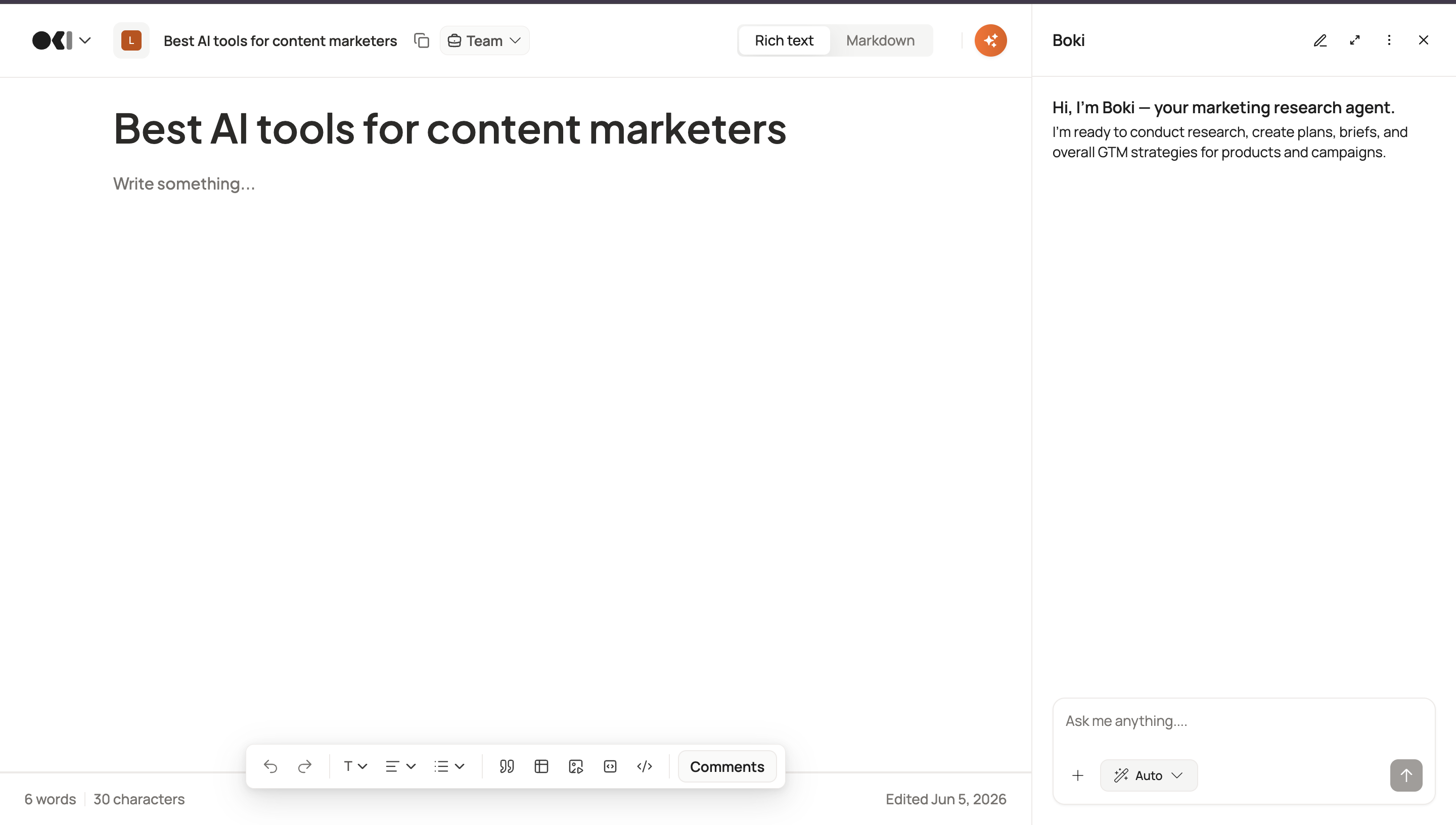 Boki researcher agent open inside an article editor, showing the chat panel with the Ask me anything input ready for a prompt