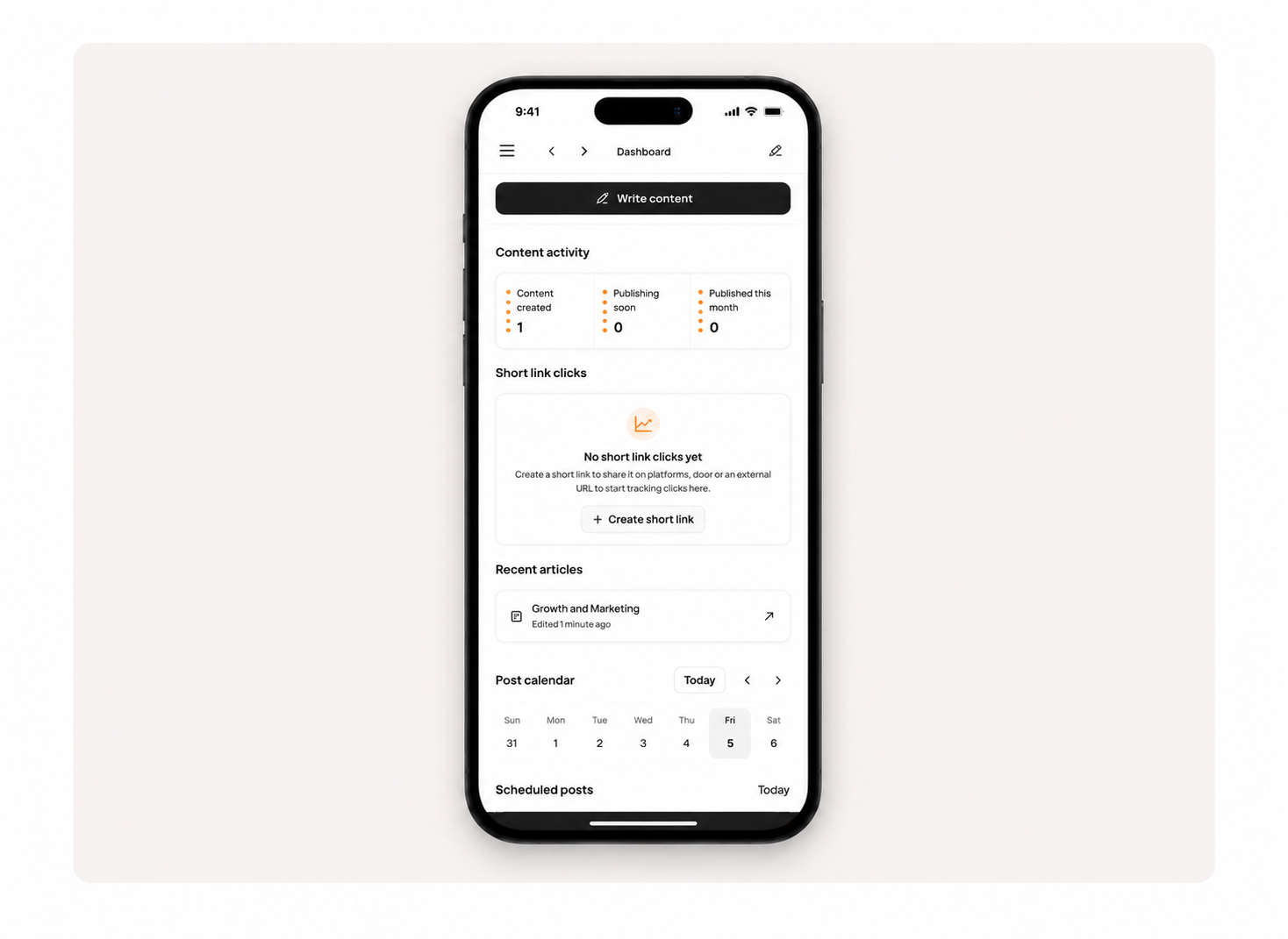 Boki dashboard viewed on mobile, showing content activity, recent articles, and post calendar in a responsive layout