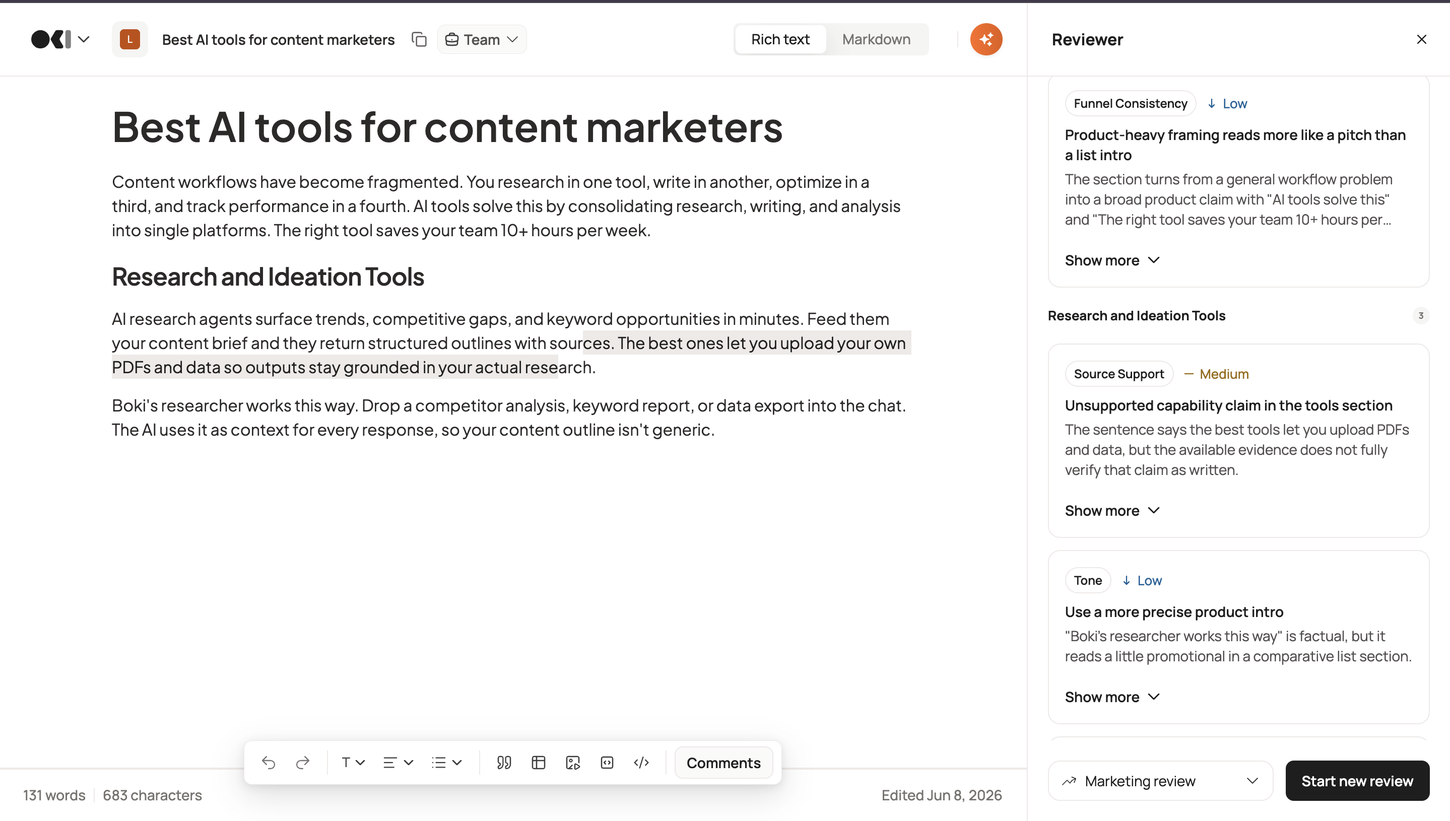 Boki reviewer agent open inside an article editor showing marketing review feedback including funnel consistency, source support and tone suggestions