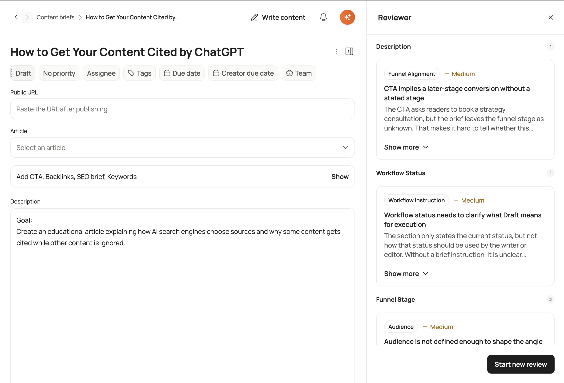 Boki reviewer agent open inside a content brief showing feedback on brief quality including funnel alignment, workflow instruction and audience definition.