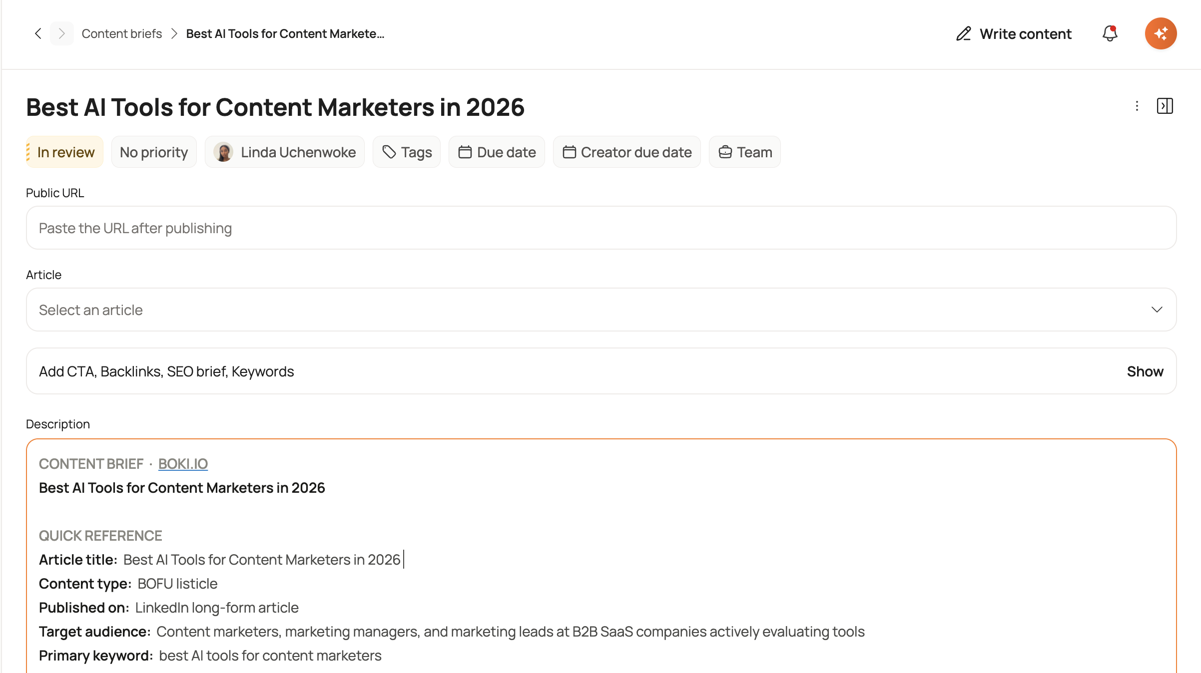 Article being reviewed with content brief context visible in the description box