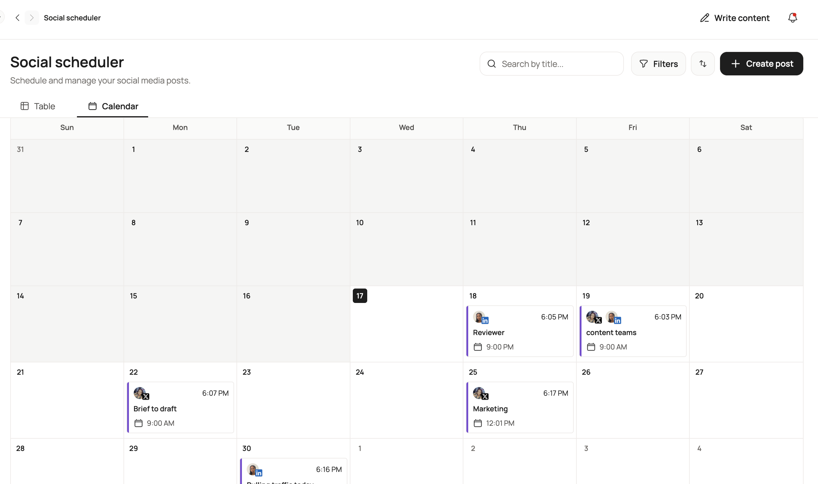 Boki social scheduler in calendar view for June 2026, showing multiple scheduled posts across dates with X and LinkedIn channel icons.