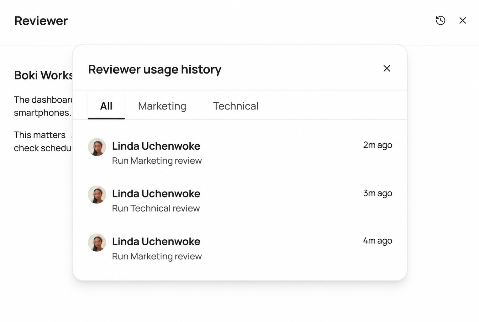 Boki reviewer usage history on mobile, showing the All, Marketing, and Technical tabs with a list of recent AI reviews and timestamps.
