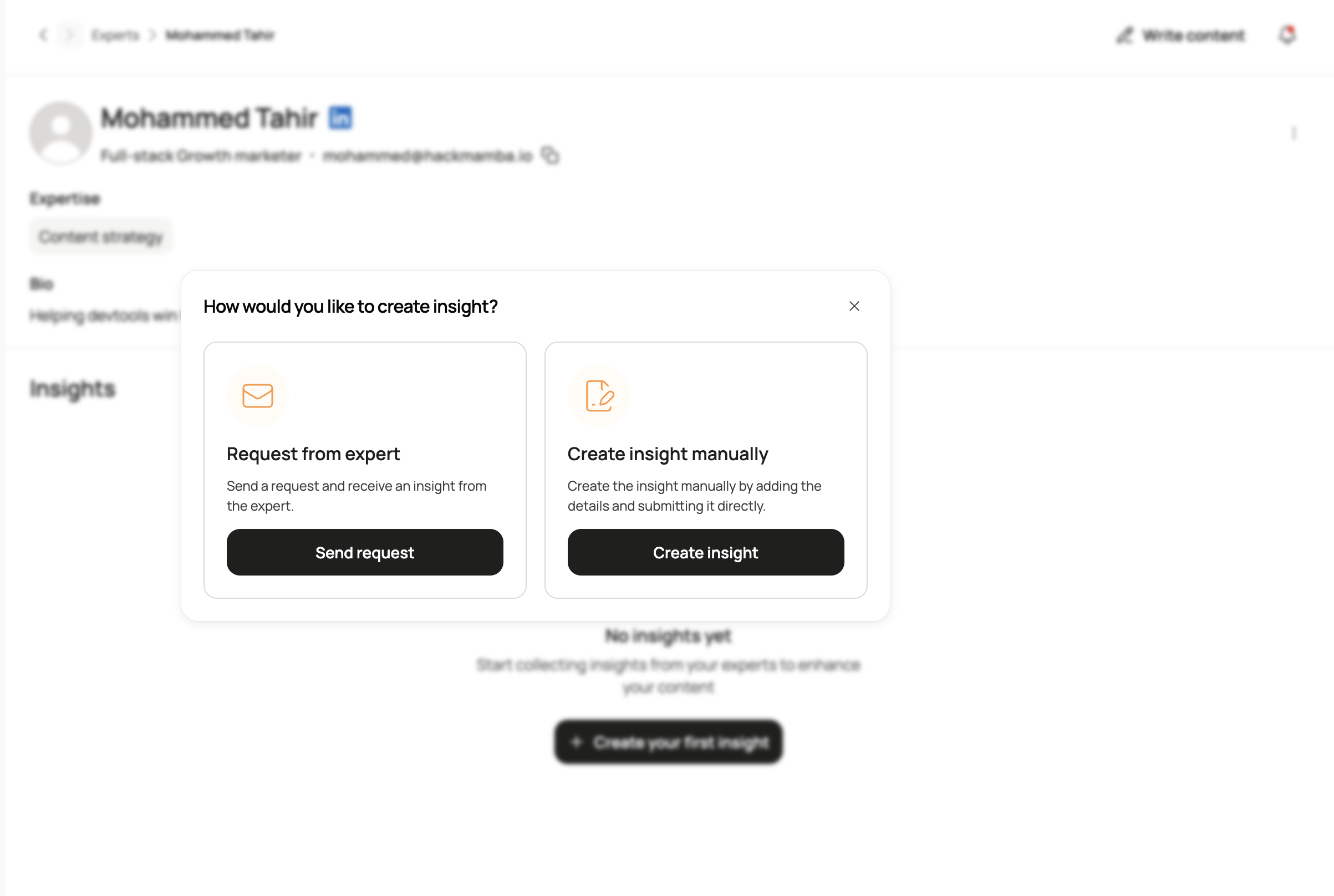 the Expert Insights screen showing an expert profile and the "Request from expert" / "Create insight manually