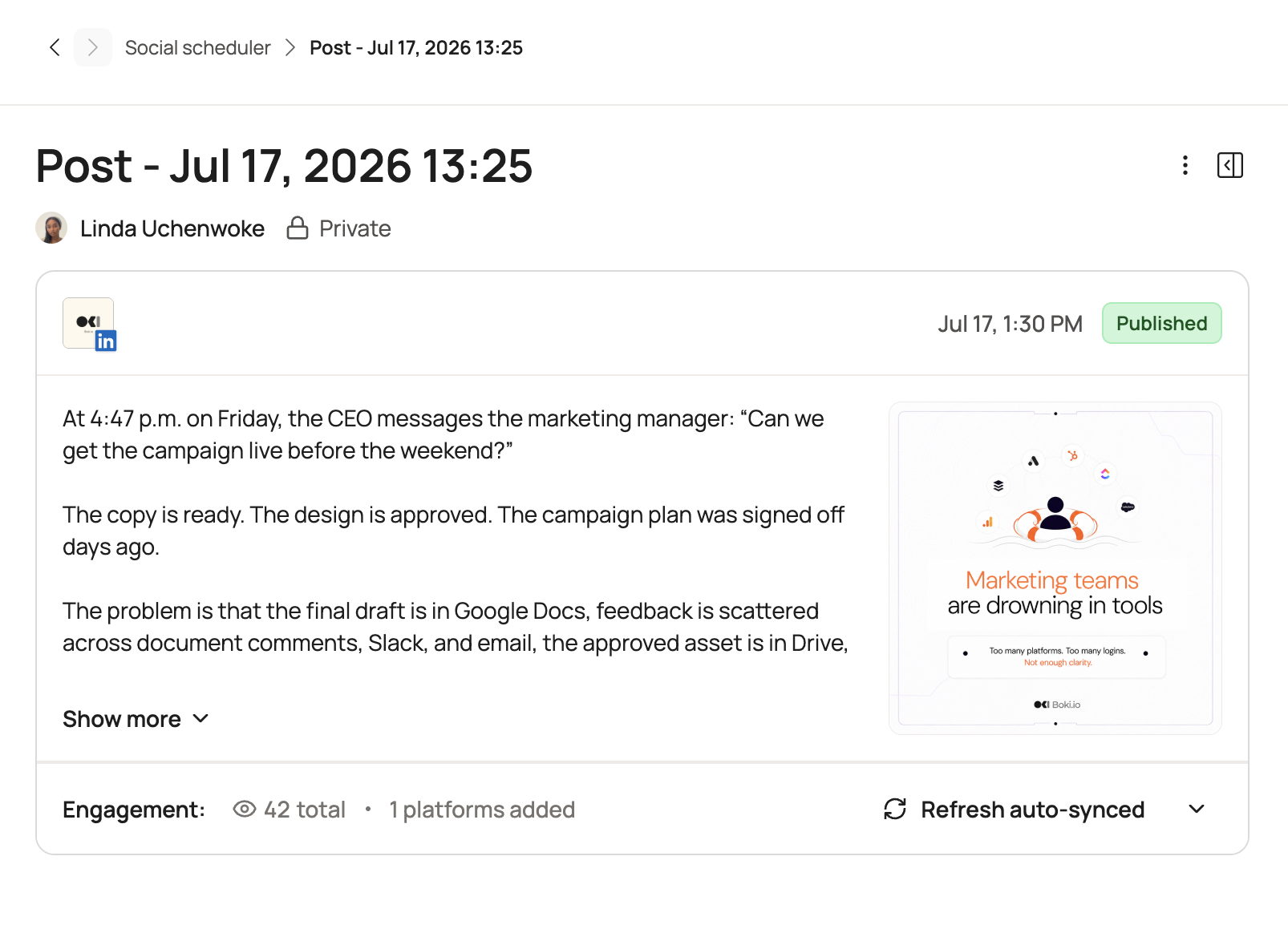 published post in Boki showing auto-synced engagement
