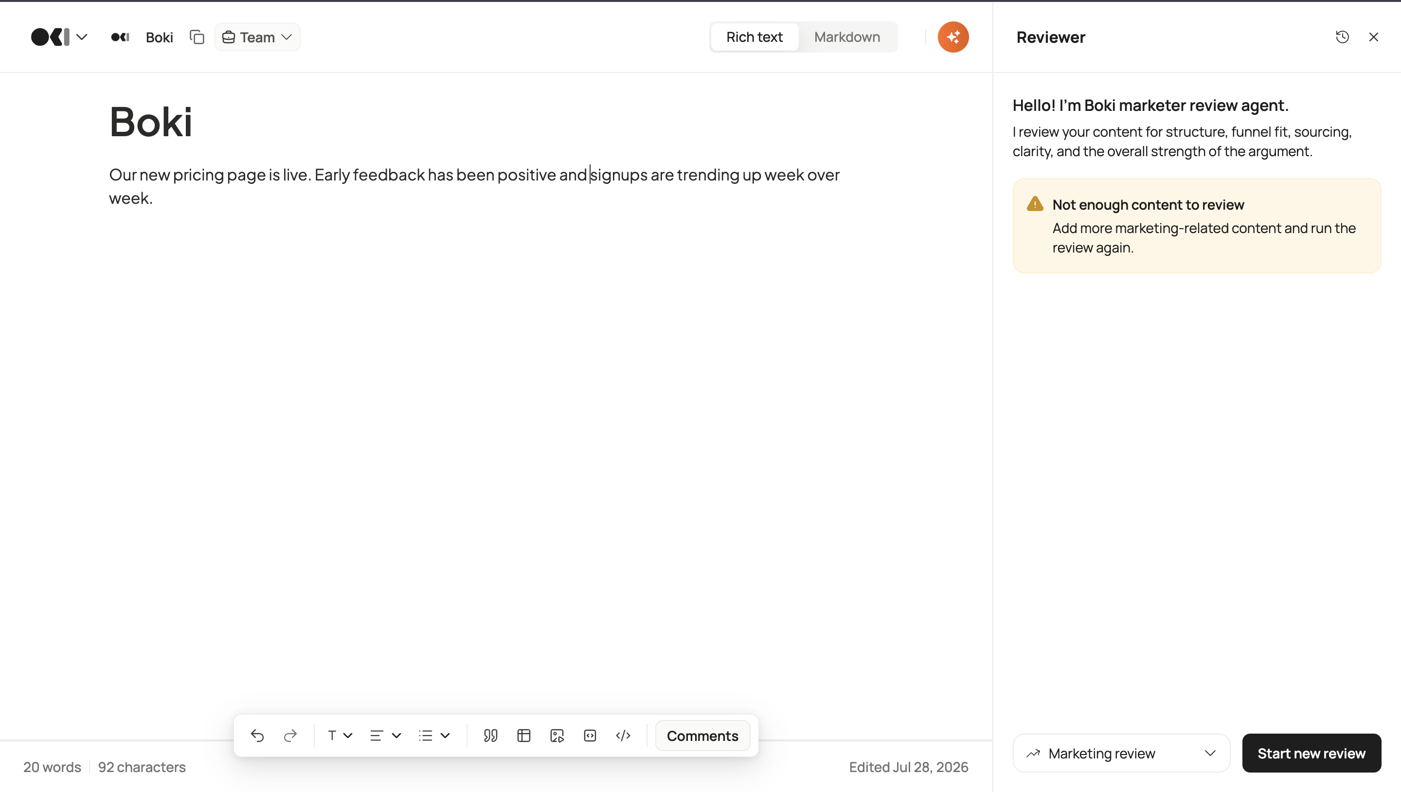 Boki editor showing a short draft with the Reviewer panel displaying a Not enough content to review warning.