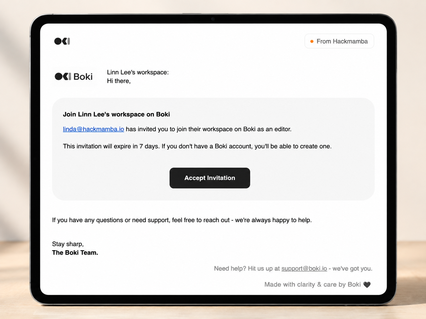 screen showing boki branded invitation