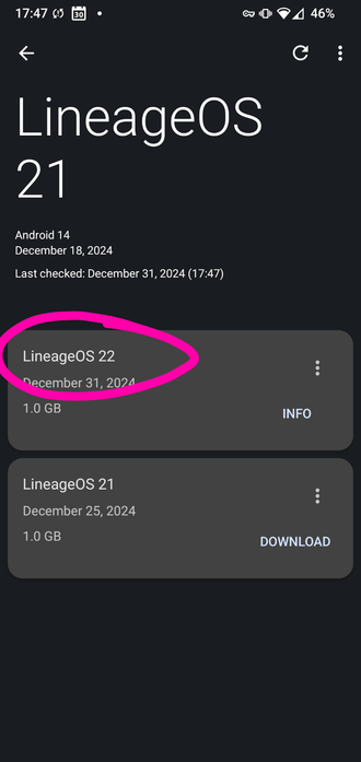 Screenshot LineageOS: Verfügbare Updates. Versionen 21 und neu: 22