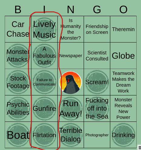 Mosterdon bingo card with a filled out line. It includes "Lively music","A fabulous outfit" (Barney's), "Failure to communicate","Gunfire" and "Flirtation"