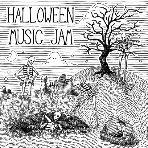 Black linework on a white background, it shows a very sparse cemetery with a dead tree on a hill. Standing under that tree, a skeleton plays the violin

On the lower slope, a skeleton watches, hands on hips, as another skeleton digs up a grave. The coffin is open, and a fourth skeleton is sitting up and beginning to climb out

The headstone, showing a batwinged skull, has been toppled, and in the background more headstones and small monuments are scattered around. The sky has a few stars and a crescent moon, with some wispy clouds

Also in the sky, the words Halloween Music Jam in tall skinny letters. The sky is all long horizontal lines, and the ground is undulating rows of broken lines

The mood is meant to be morbidly cheerful, as the skeletons dig up more skeletons so they can all join in the festivities