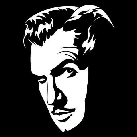 Vincent Price's face, relatively young, entirely in white highlights to contrast the black background. He's looking at the viewer from a three-quarters position and raising his left eyebrow