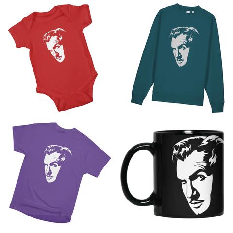 The Vincent Price design from the above post, shown on a red baby onesie, a dark teal sweatshirt, a purple t-shirt, and a black mug
