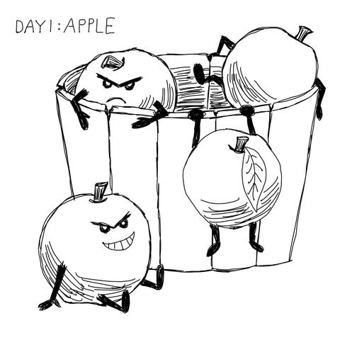 A rough sketch of apples with arms and legs and mean faces, climbing out of a basket