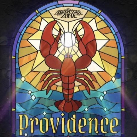 A stained glass window of a lobster and the sun over the ocean, it says Providence and it's an arc on The Adventure Zone podcast