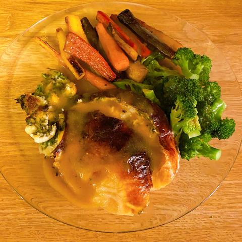Same plate, now swimming in golden brown gravy