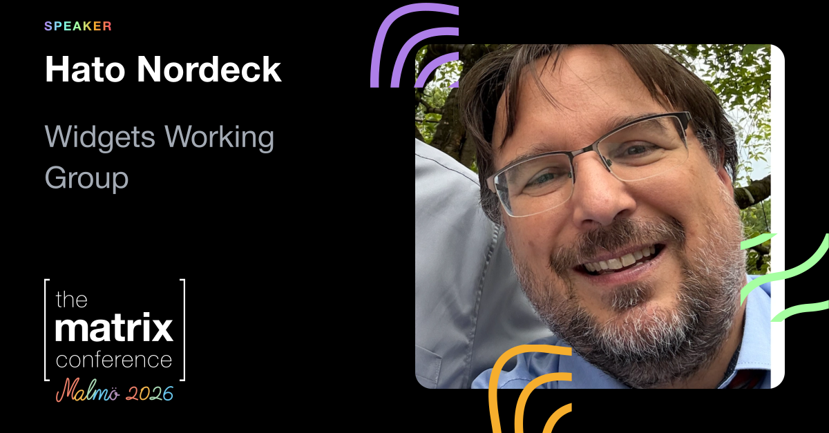 A speaker card featuring a photo of Hato Nordeck and the title of his talk, "Widgets Working Group."