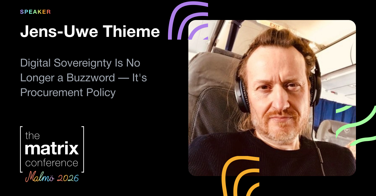 Speaker card featuring a photo of Jens-Uwe Thieme and the title of his talk, "Digital Sovereignty is no longer a Buzzword: It's Procurement Policy."