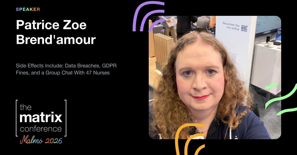 A speaker card featuring a photo of Patrice Zoe Brend'amour and the title of her talk: "Side Effects Include: Data Breaches, GDPR Fines, and a Group Chat With 47 Nurses"