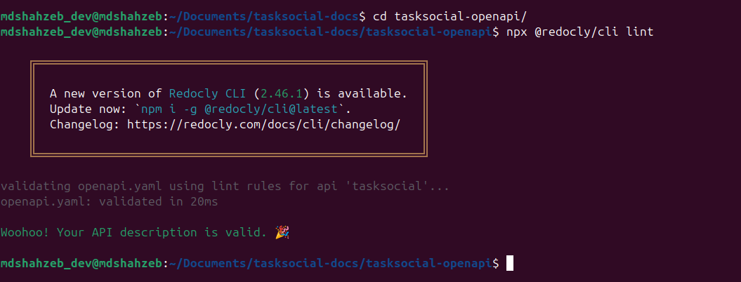 Redocly validating the TaskSocial OpenAPI specification