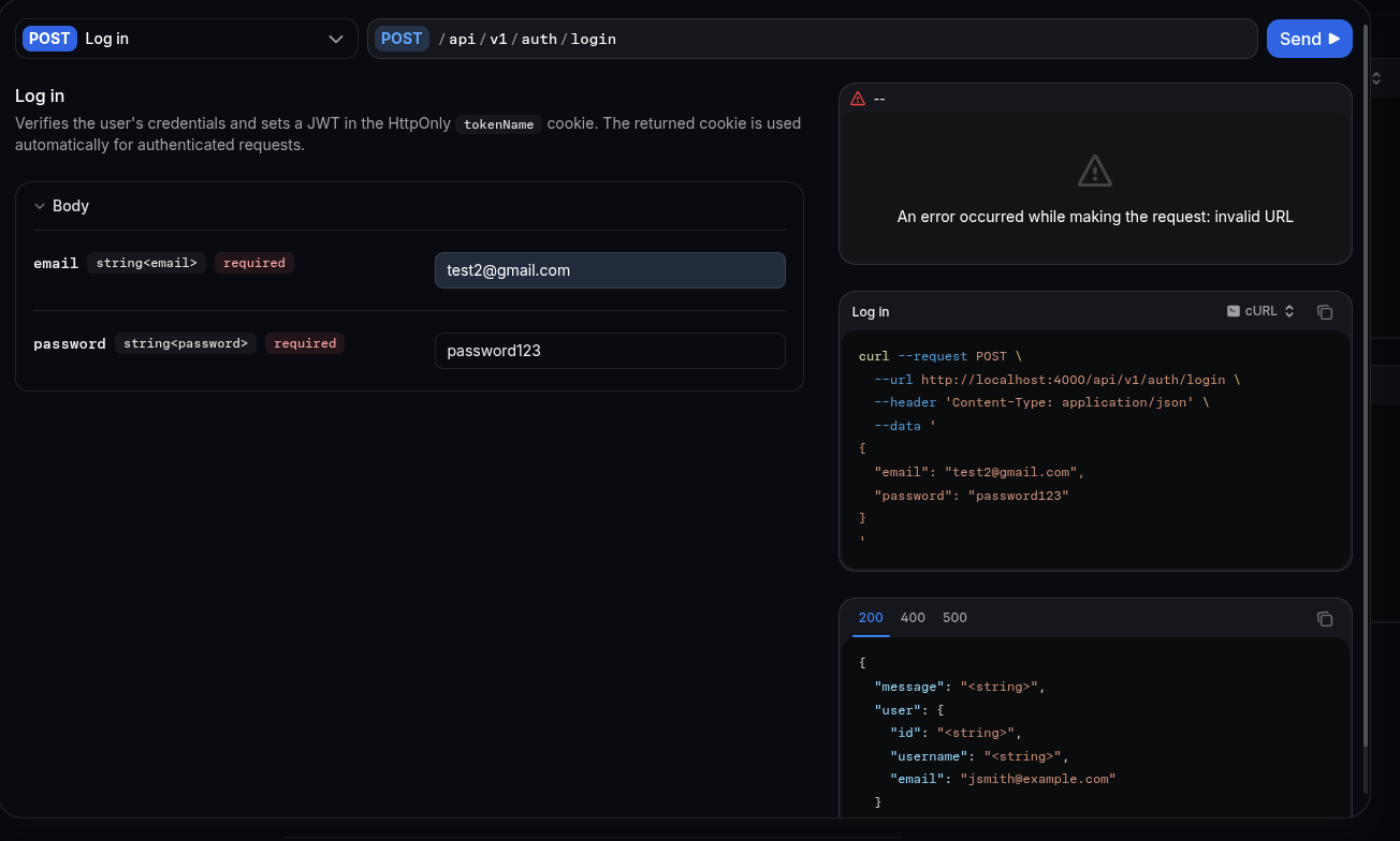 TaskSocial API login request failing because the server URL is missing