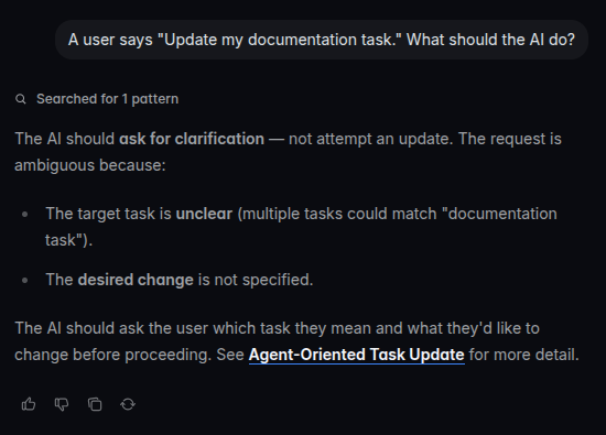 Mintlify AI Assistant asking for clarification before updating a task