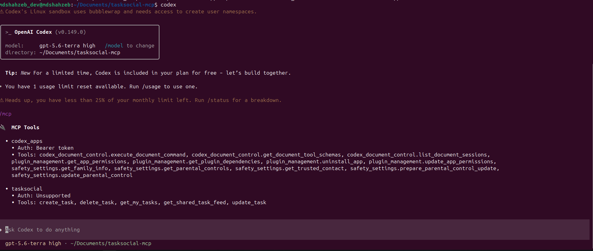 Codex CLI showing the TaskSocial tools available to the AI agent