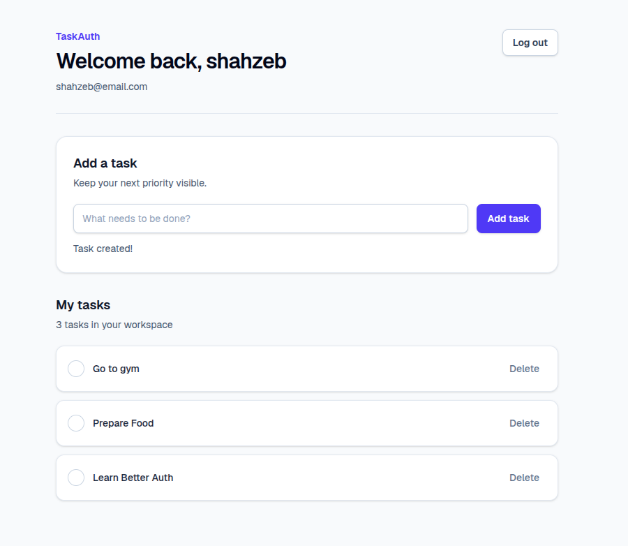 Completed task application showing the dashboard with user-owned tasks.