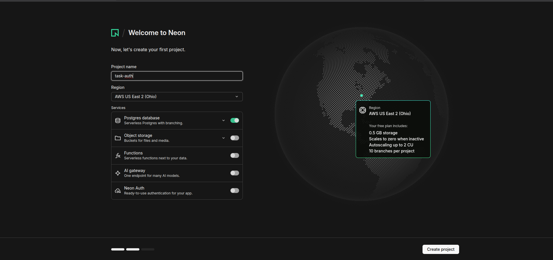 Neon dashboard showing a PostgreSQL database created for the task application.