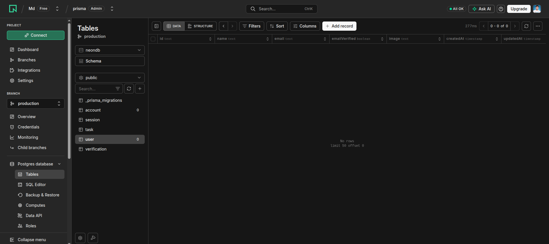 Neon database showing tables for users, sessions, accounts, and tasks.
