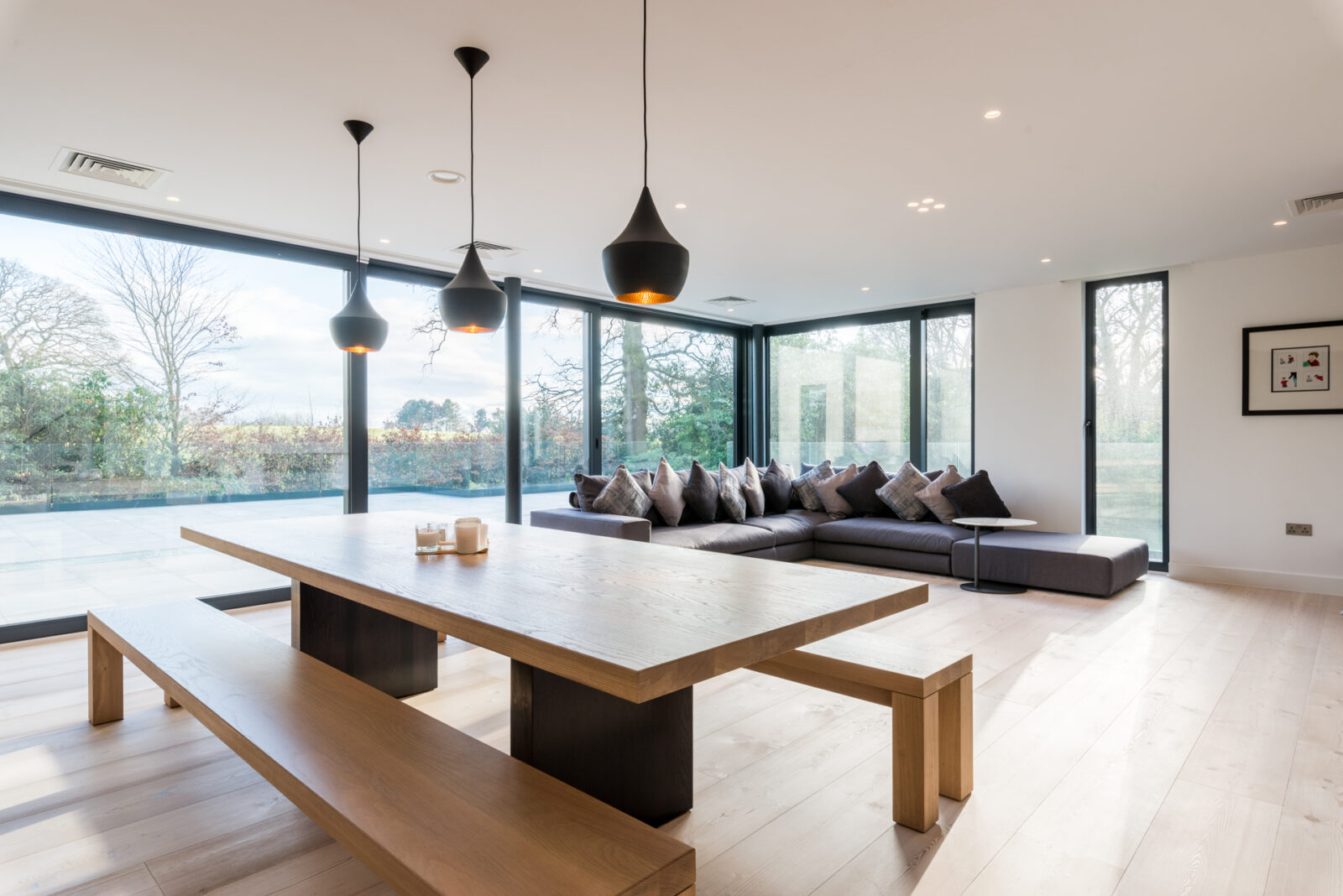 Large open plan kitchen with panoramic windows. Cheshire shoot locations.