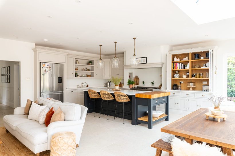 Open plan kitchen and living room decorated in the 'Modern Country' interior style