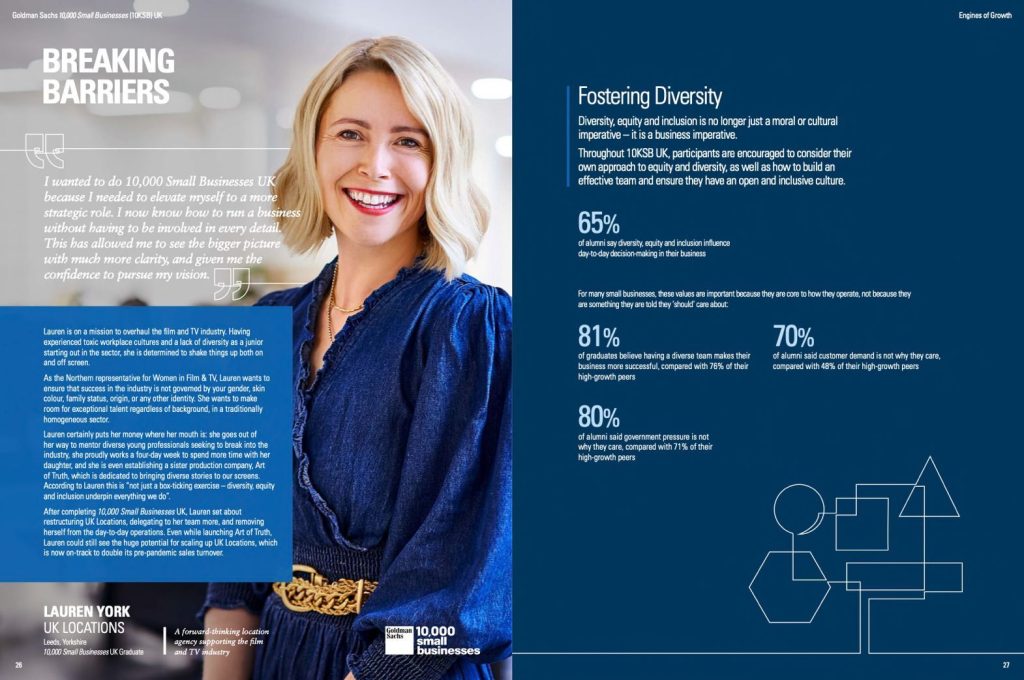 Lauren York, CEO of UK Locations, in a promotional image for the Goldman Sachs 10,000 Small Businesses programme, which has played a major part in our story.