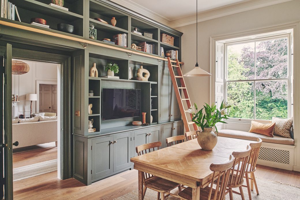 Wooden table in dining room with wall storage, Yorkshire shoot locations